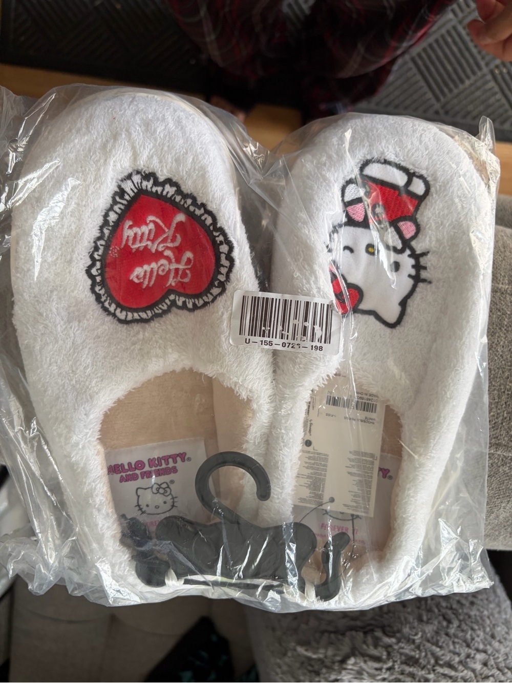Hello Kitty White Plush Slippers with Red and Black Embroidered Accents
